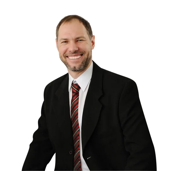 Uomo d'affari sorridente in una tuta isolata su sfondo bianco — Foto Stock