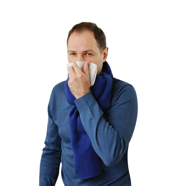 Man blowing his nose isolated on white background — Stock Photo, Image