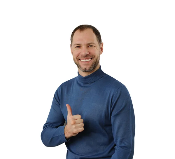 Sonriente hombre en azul mostrar pulgar hacia arriba aislado en el blanco —  Fotos de Stock