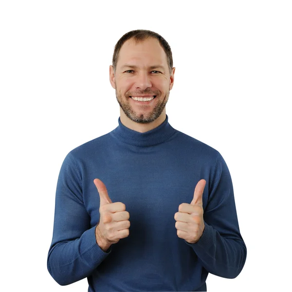 Sonriente hombre en azul mostrar pulgar hacia arriba aislado en el blanco — Foto de Stock