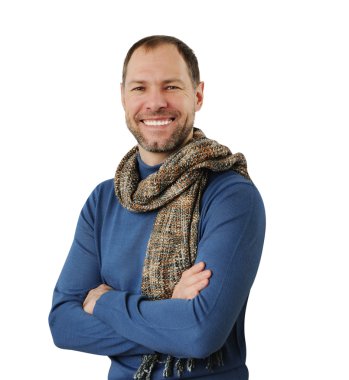 Romantik adam beyaz zemin üzerine izole eşarp