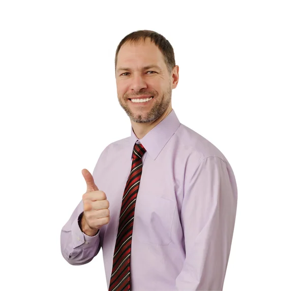 Sonriente hombre mostrar pulgar hacia arriba aislado sobre fondo blanco — Foto de Stock