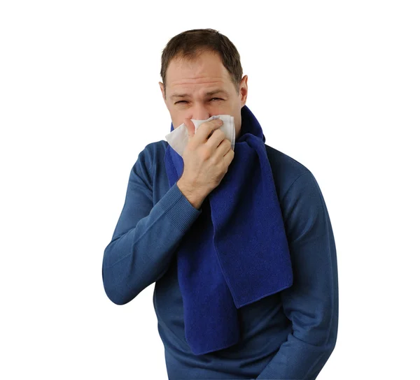 Man blowing his nose isolated on white background — Stock Photo, Image