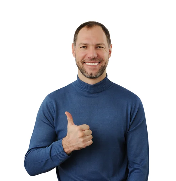 Smiling man in blue show thumb up isolated on white background — Stock Photo, Image