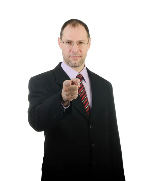 Ο άνθρωπος των επιχειρήσεων τοποθετήστε ένα δάχτυλο σε σας που απομονώνονται σε λευκό φόντο — Φωτογραφία Αρχείου