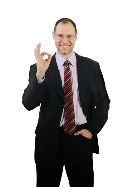 Sorrindo homem de negócios mostrar ok isolado no fundo branco — Fotografia de Stock