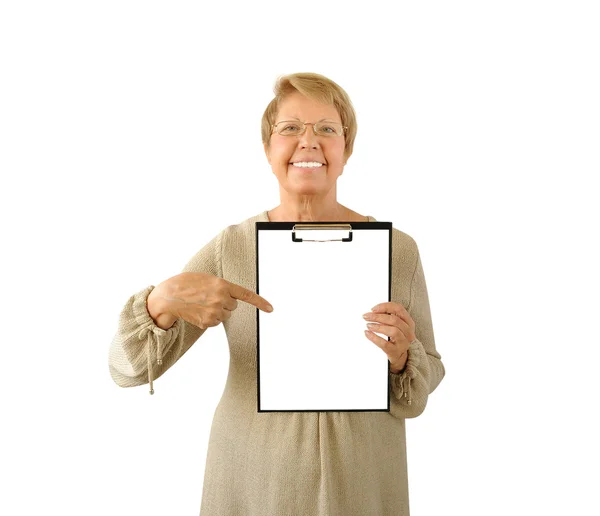 Retrato de mulher idosa no fundo branco — Fotografia de Stock