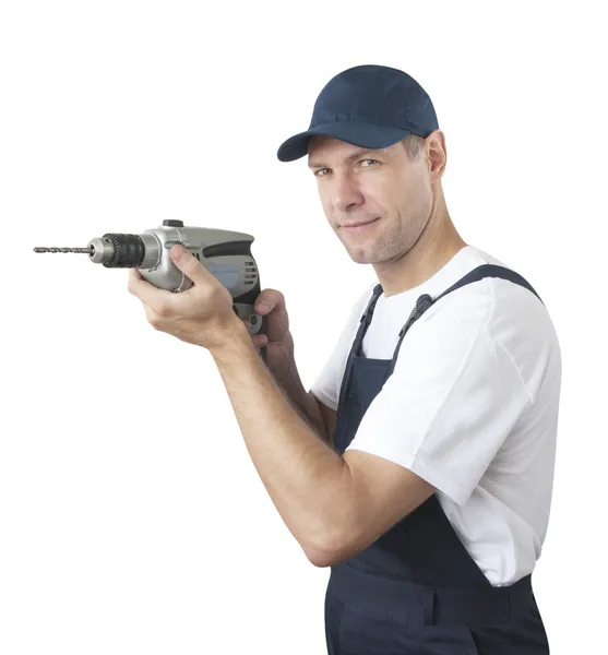 Portret van lachende werknemer in blauwe uniform geïsoleerd op witte bac — Stockfoto