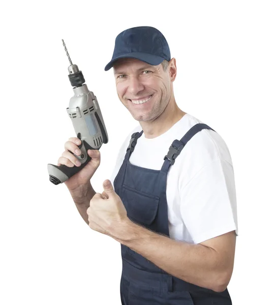 Portret van lachende werknemer in blauwe uniform geïsoleerd op witte bac — Stockfoto