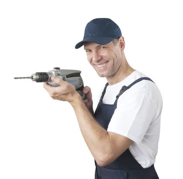 Πορτρέτο του χαμογελαστό εργαζόμενος με μπλε στολή που απομονώνονται σε λευκό bac — Φωτογραφία Αρχείου