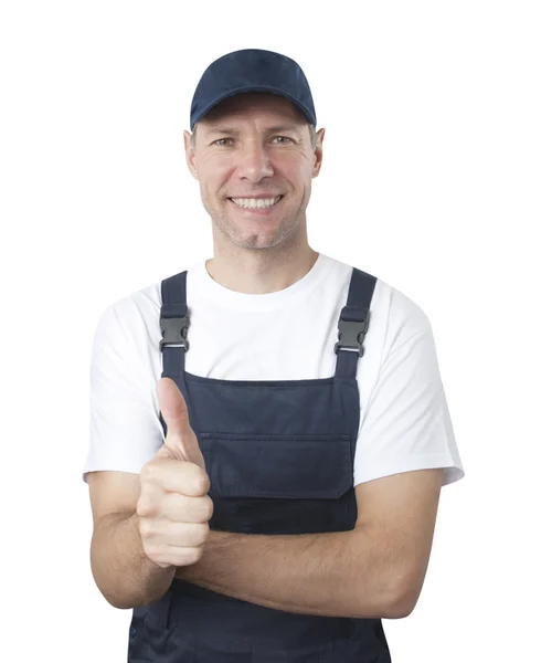 Retrato de trabalhador sorridente em uniforme azul isolado em bac branco — Fotografia de Stock