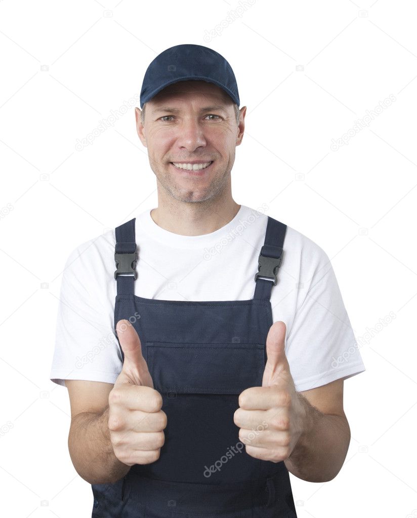 Portrait of smiling worker in blue uniform isolated on white bac