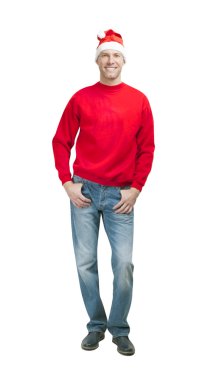 üzerinde beyaz izole Noel Baba şapkası giyen Noel adam gülümsüyor
