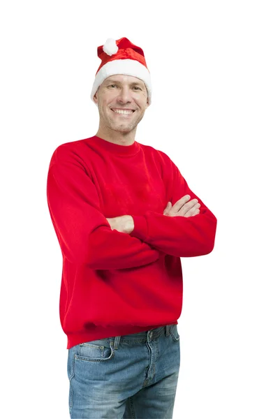 Sorridente uomo di Natale indossa un cappello di Babbo Natale isolato sul bianco — Foto Stock