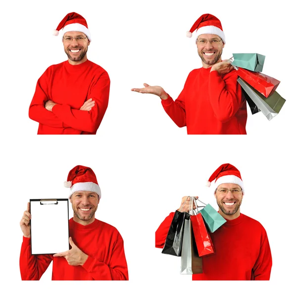 Zestaw uśmiechający się Boże Narodzenie mężczyzna w kapeluszu santa na białym tle na białym tle — Zdjęcie stockowe