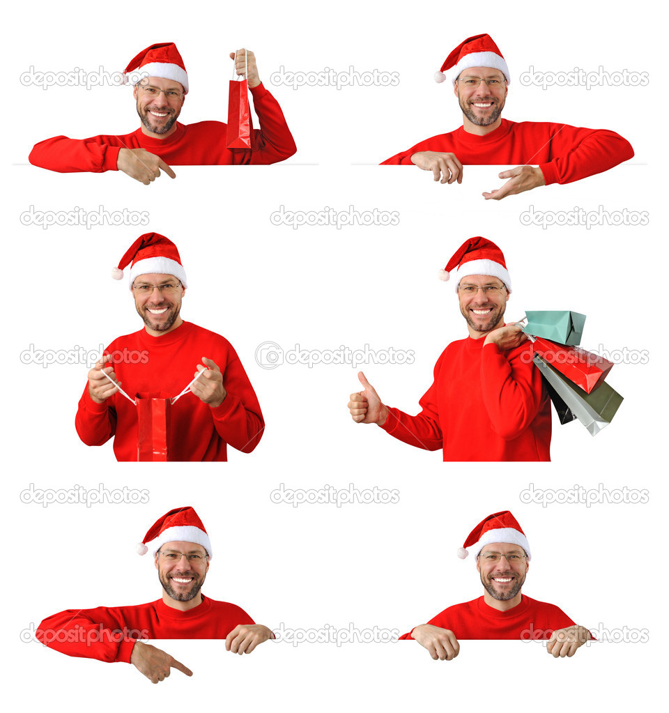 Set of smiling christmas man wearing a santa hat isolated on the white background