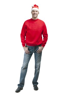 üzerinde beyaz izole Noel Baba şapkası giyen Noel adam gülümsüyor