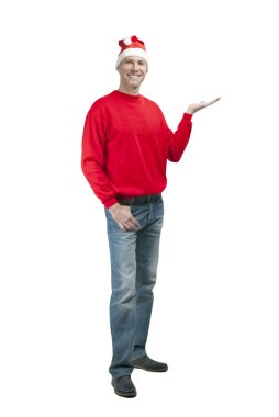 üzerinde beyaz izole Noel Baba şapkası giyen Noel adam gülümsüyor