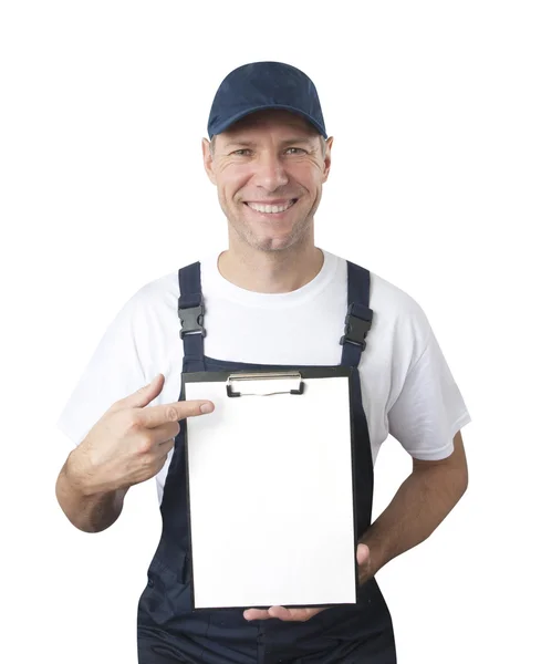 Πορτρέτο του χαμογελαστό εργαζόμενος σε μπλε ομοιόμορφο με δισκίο που απομονώνεται — Φωτογραφία Αρχείου
