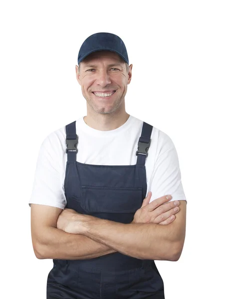 蓝色制服上白色 bac 孤立的微笑工人的肖像 — 图库照片