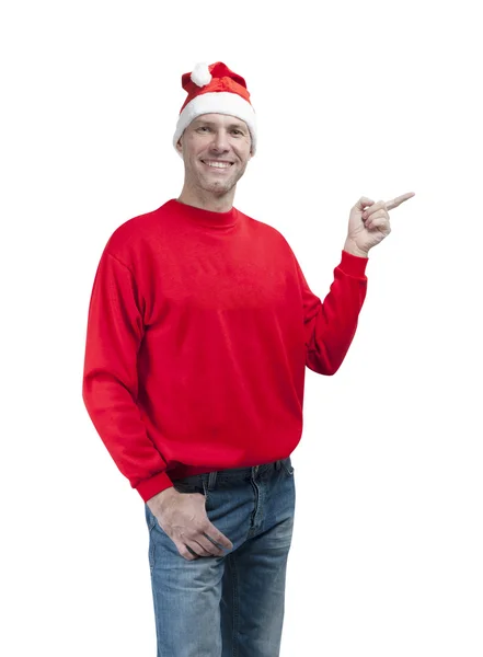 Sorridente uomo di Natale indossa un cappello di Babbo Natale isolato sul bianco — Foto Stock