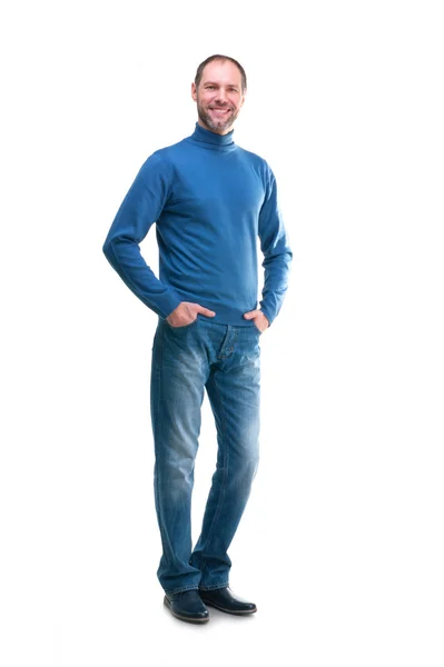 Smiling man in blue poloneck on a white background — Stock Photo, Image