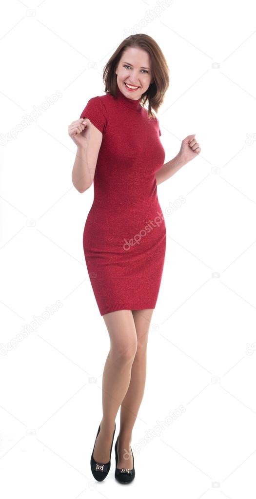 Middle age woman in a little red dress on white background