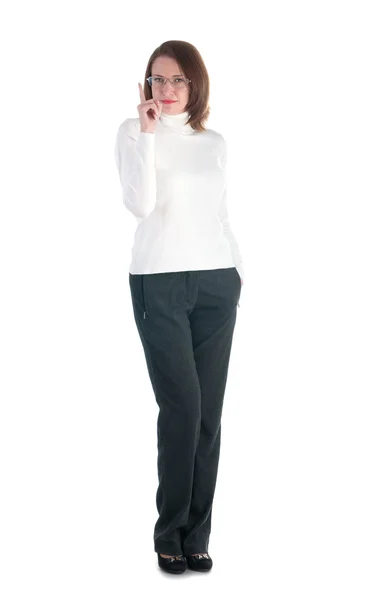 Женщина в очках, указывая пальцем на белую спинку — стоковое фото