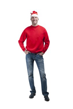 üzerinde beyaz izole Noel Baba şapkası giyen Noel adam gülümsüyor