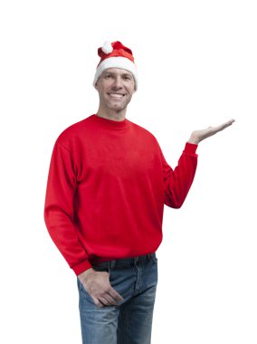 üzerinde beyaz izole Noel Baba şapkası giyen Noel adam gülümsüyor