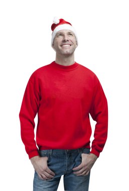 üzerinde beyaz izole Noel Baba şapkası giyen Noel adam gülümsüyor