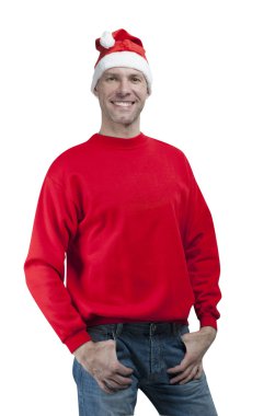 üzerinde beyaz izole Noel Baba şapkası giyen Noel adam gülümsüyor