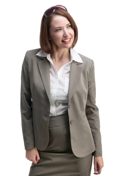 Hübsche Geschäftsfrau im grauen Anzug isoliert auf weißem Hintergrund — Stockfoto