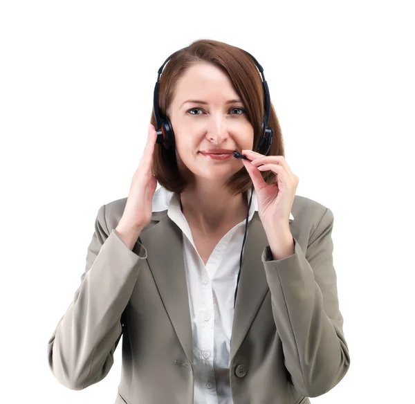 Pretty business woman in gray suit with earphones isolated on wh — Stock Photo, Image