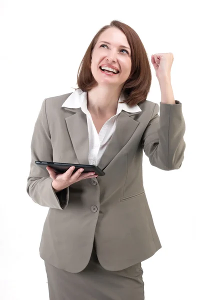 Mujer de negocios bonita en traje gris con tableta aislada en blanco — Foto de Stock