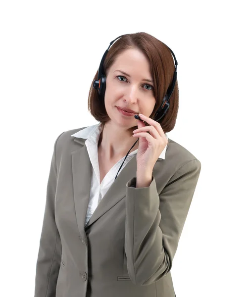 Pretty business woman in gray suit with earphones isolated on wh Stock Photo