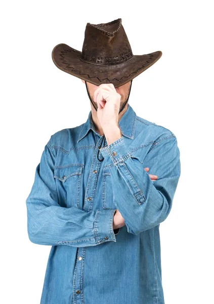 Retrato de Homem com chapéu de cowboy isolado em um fundo branco — Fotografia de Stock