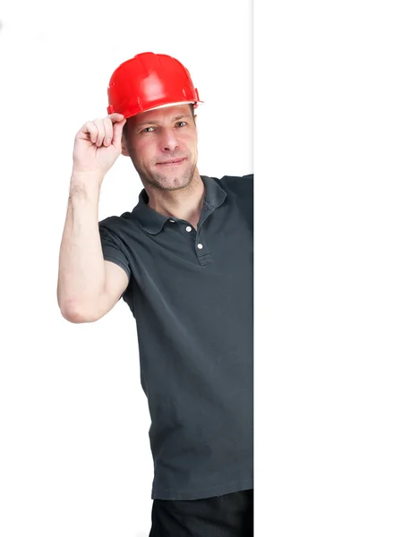 Worker man in red helmet isolated on white background — Stock Photo, Image