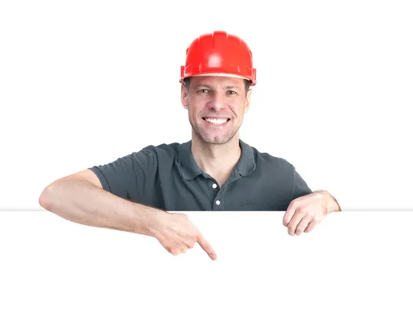 Trabalhador homem em capacete vermelho isolado no fundo branco — Fotografia de Stock