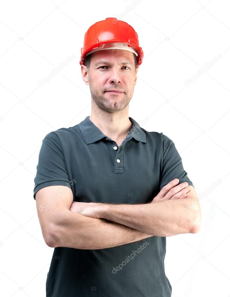 Worker man in a red helmet isolated on white background
