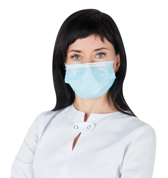 在白色背景上孤立的医用口罩的女医生 — 图库照片