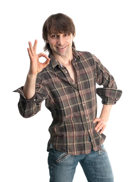 Casual young man in plaid shirt isolated on white background — Stock Photo, Image