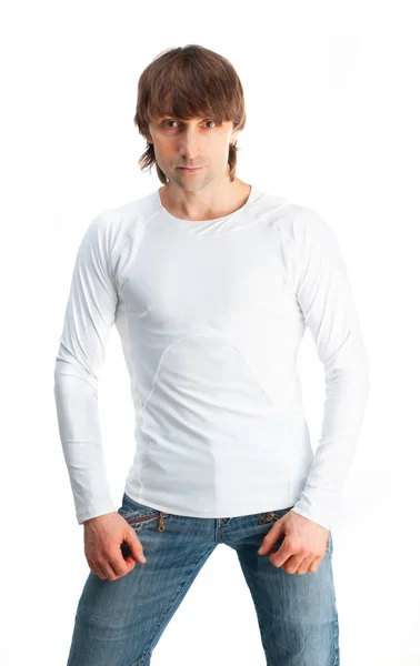 Bonito cara em t-shirt branca isolado no fundo branco — Fotografia de Stock