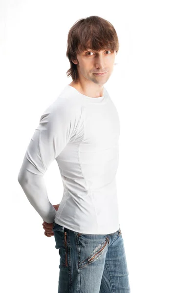 Bonito cara em t-shirt branca isolado no fundo branco — Fotografia de Stock