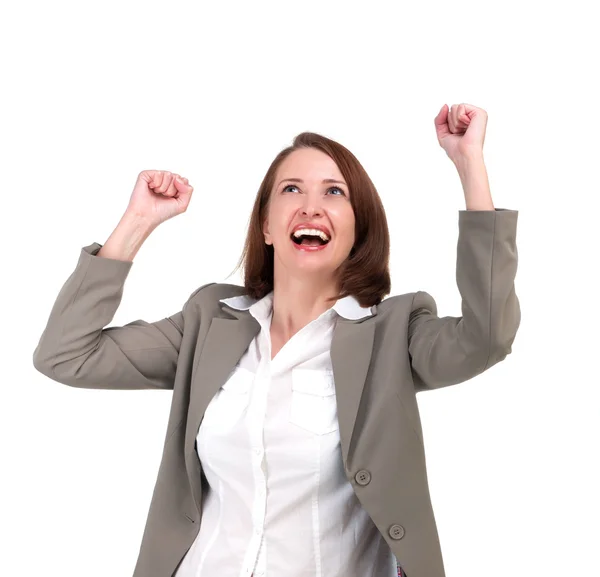 Winner business woman with her hands raised — Stock Photo, Image