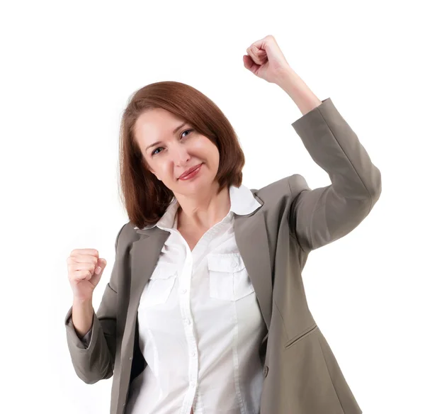 Ganadora mujer de negocios con las manos levantadas — Foto de Stock