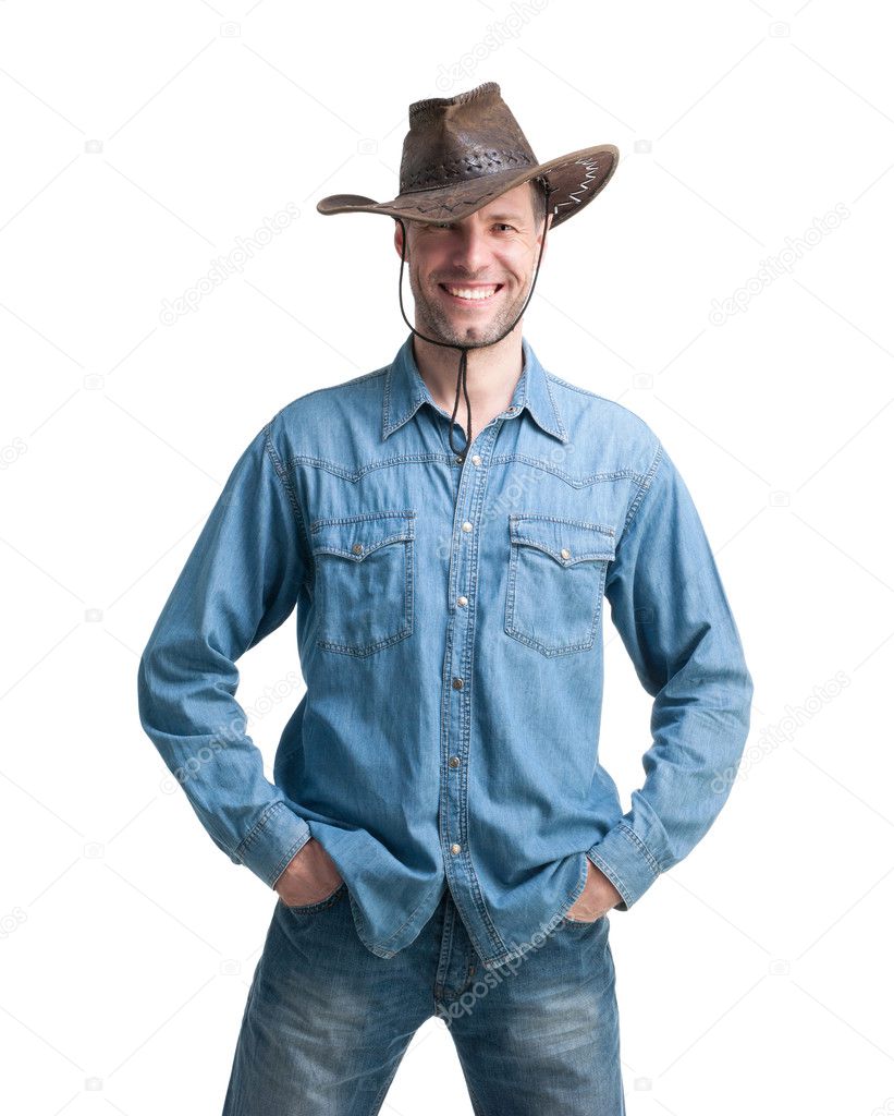 Portrait of Man with cowboy hat isolated on a white background