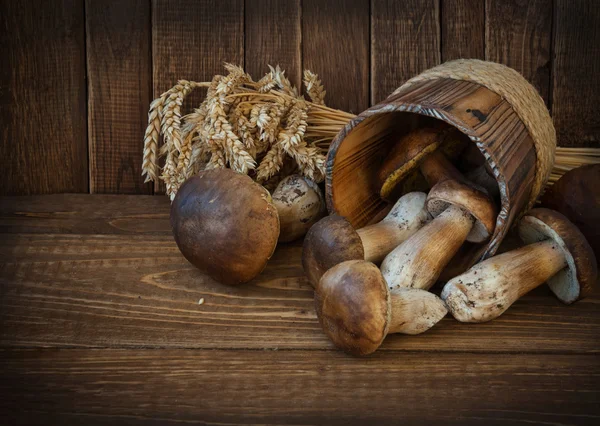 Mushrooms and wheat ears on the wooden background closeup — Stock Photo, Image