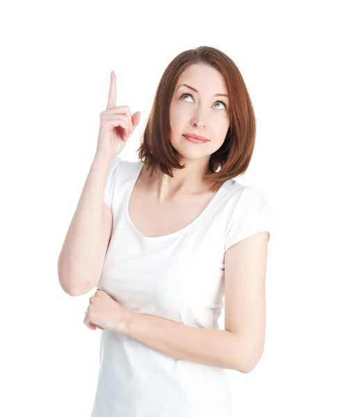 Девушка в белой футболке показывает большой палец на белом бэкгро — стоковое фото
