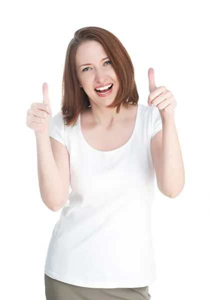 Κορίτσι σε ένα λευκό t-shirt εμφανίζεται αντίχειρα απομονώνονται σε λευκό backgro — Φωτογραφία Αρχείου